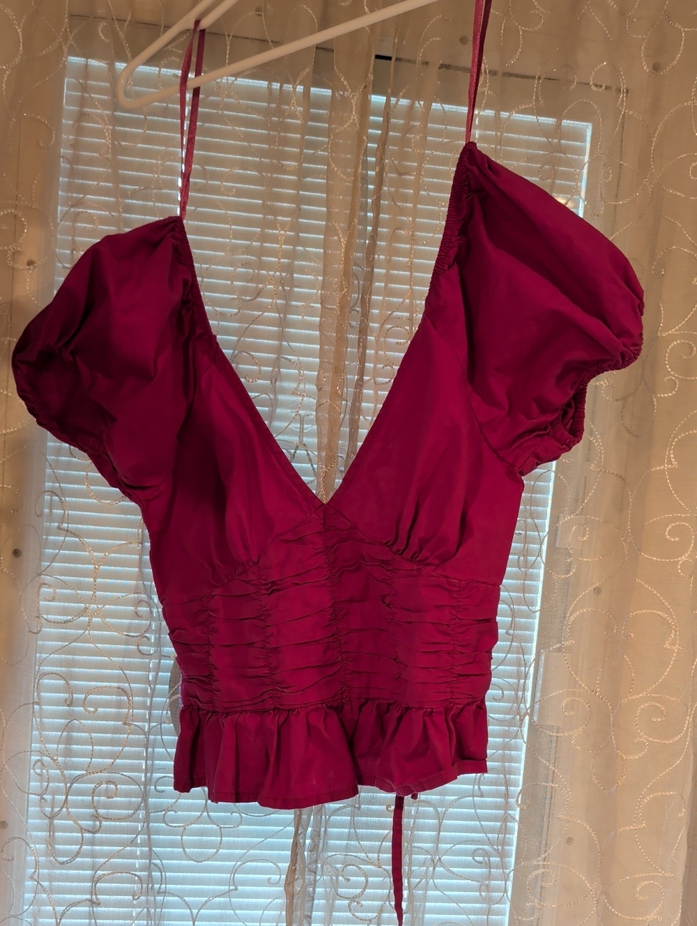 Deep V Ruched Magenta Camisole with Puff Sleeves